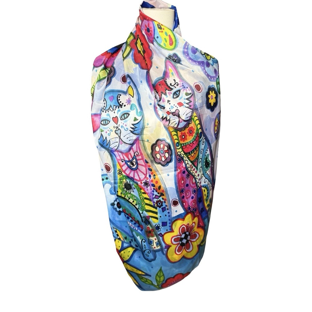 Colorful Cat Scarf Silk Like Laurel Burch Style Reversible Art To Wear Coverup